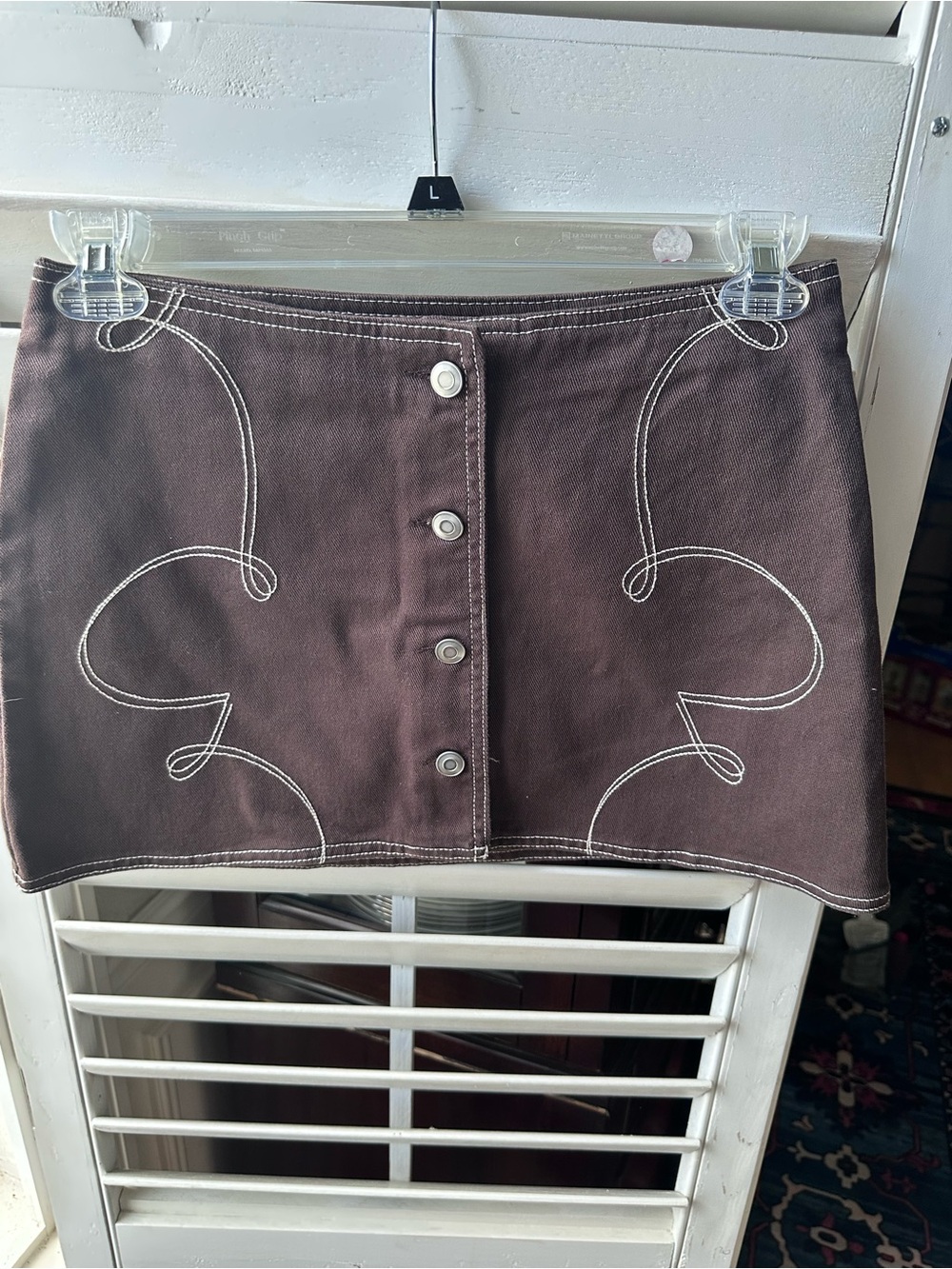 Gianni Bini Chocolate Brown Button-Front Mini Skirt with White Stitching